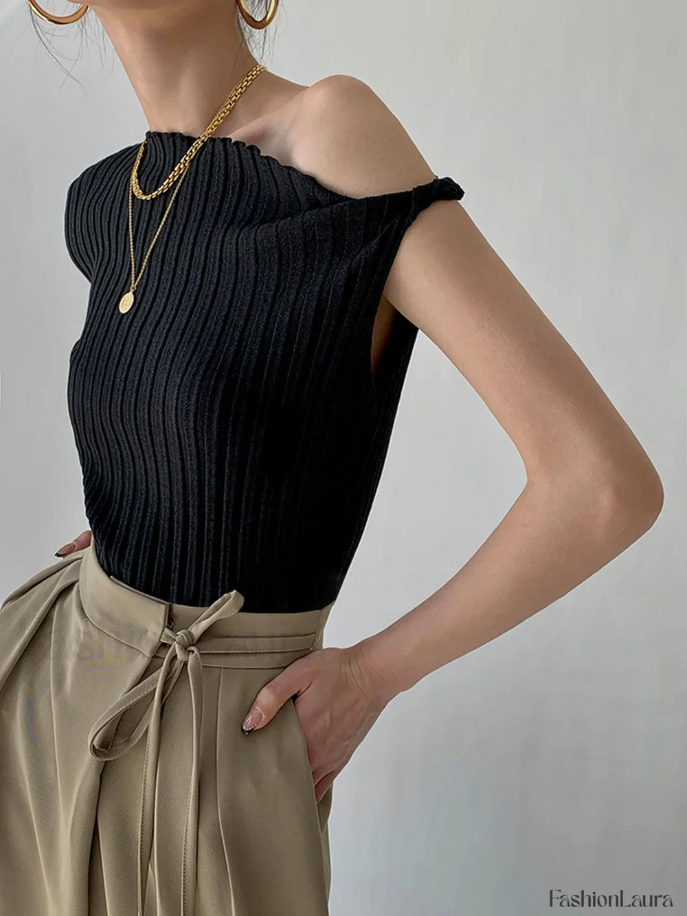 Asymmetrical Neck One Trendy Shoulder Off Knit Top Sweaters L