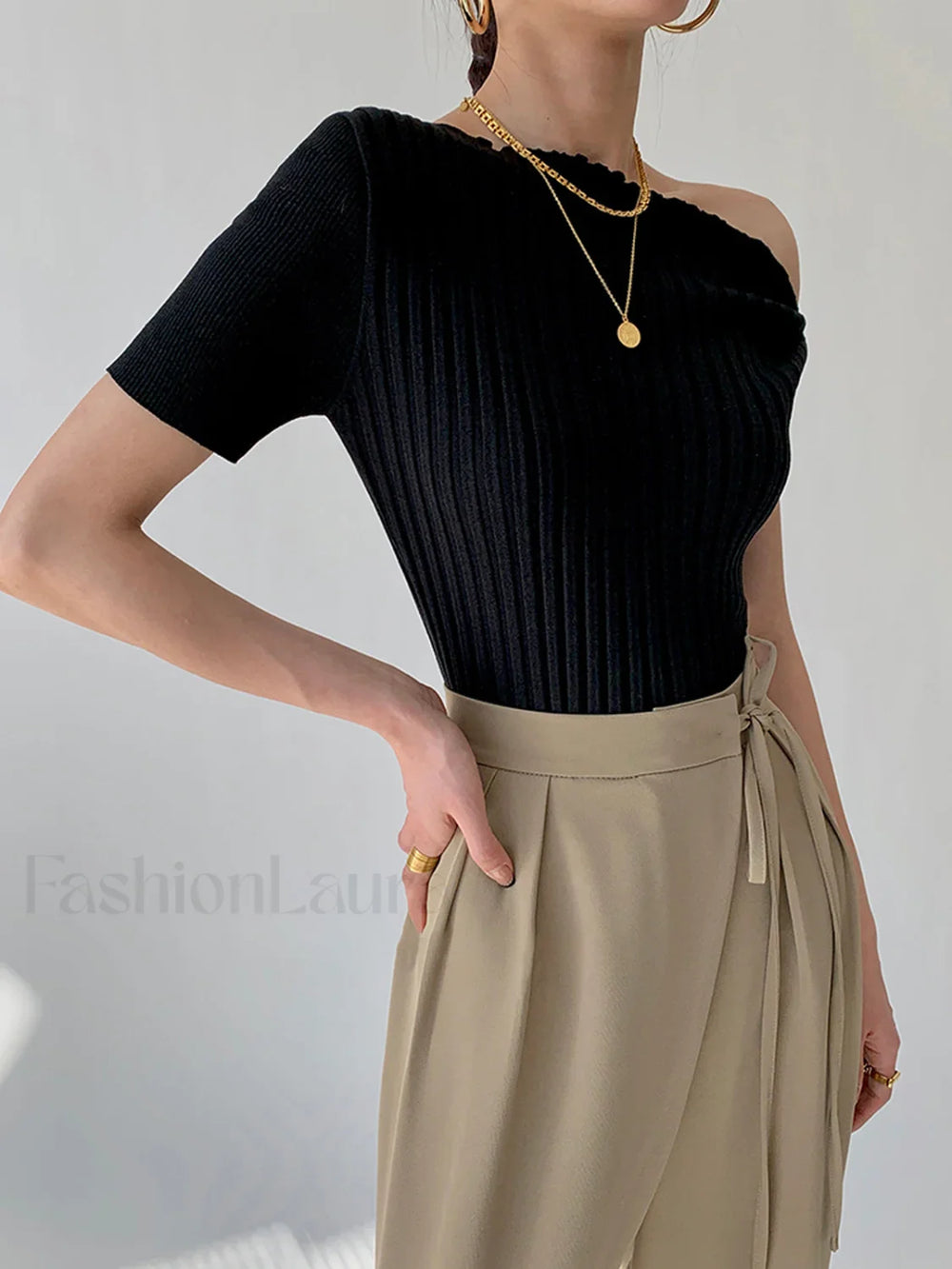 Asymmetrical Neck One Trendy Shoulder Off Knit Top Sweaters L