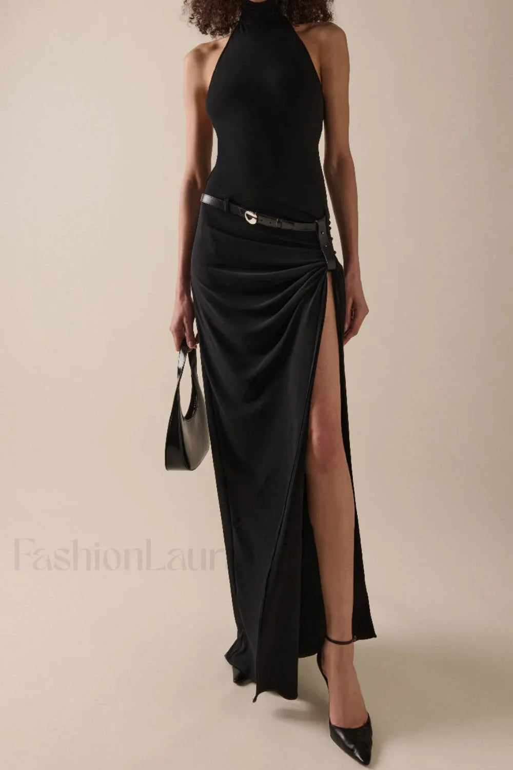 Asymmetrical Neckline Short Sleeve Split Work Dress Black / XS