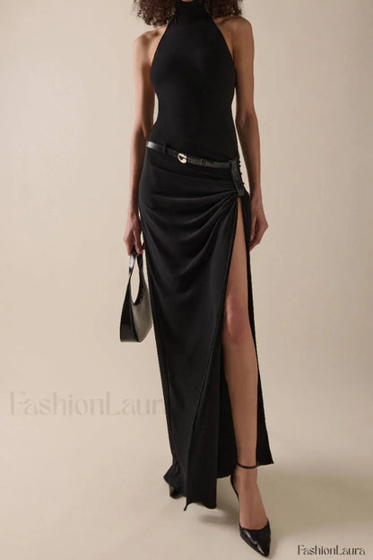 Asymmetrical Neckline Short Sleeve Split Work Dress Black / XS