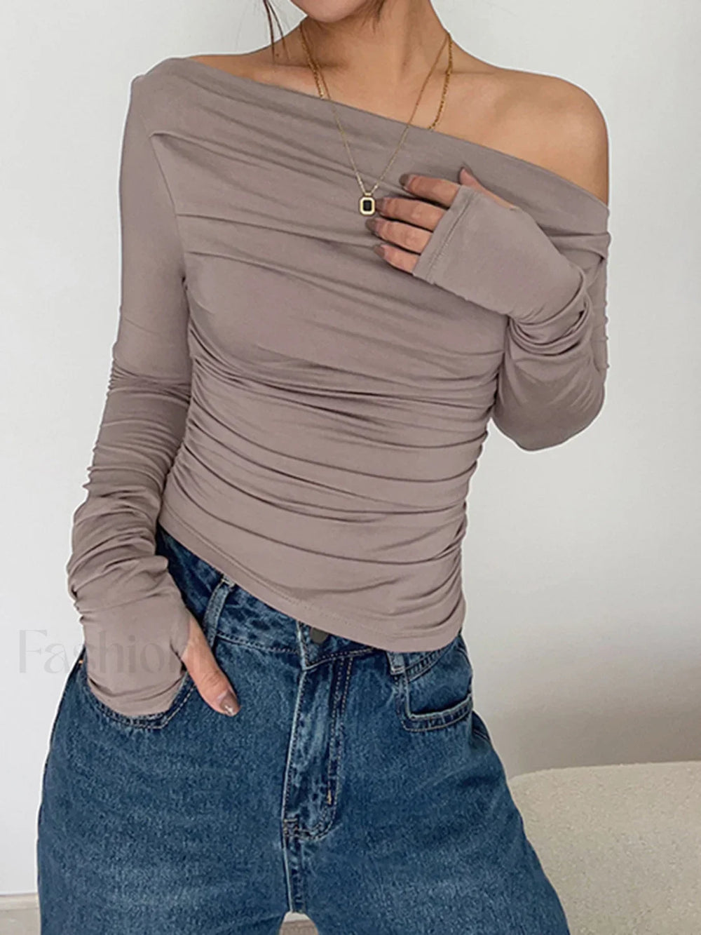 Asymmetrical Off Shoulder Long Sleeve Shirt T Shirts