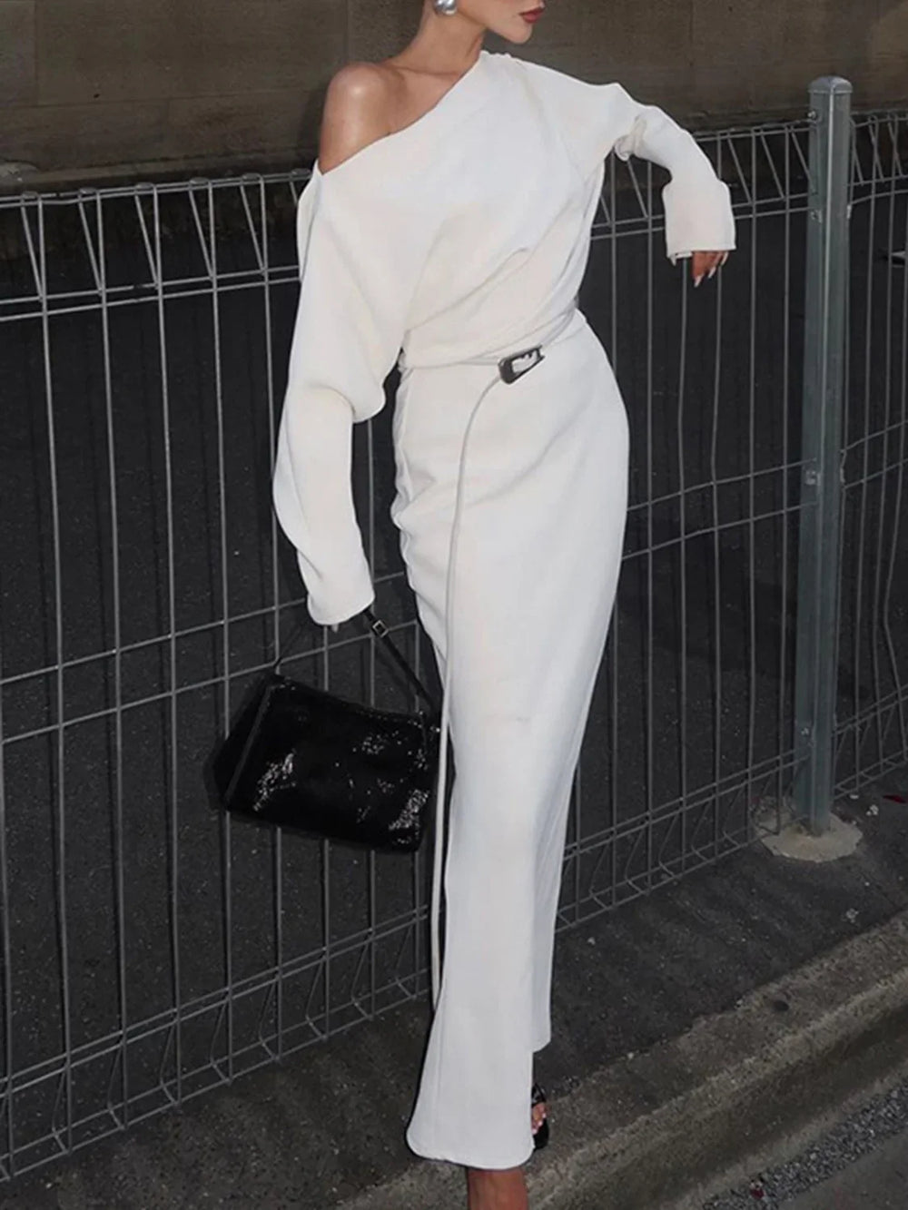 Asymmetrical Off Shoulder Solid Modern Long Sleeve Maxi Dress Dresses