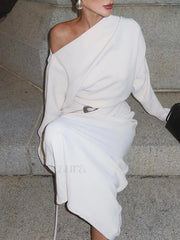 Asymmetrical Off Shoulder Solid Modern Long Sleeve Maxi Dress Dresses