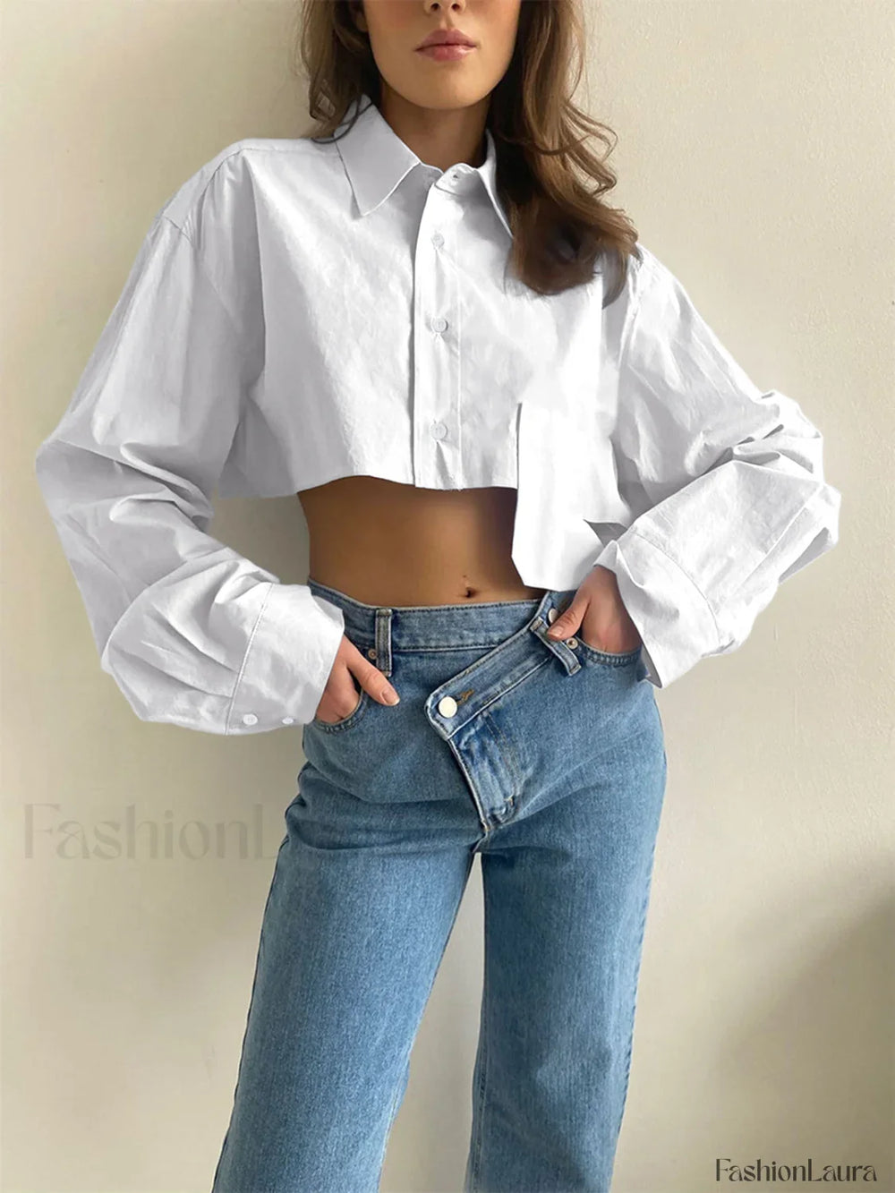 Asymmetrical Pocket Button Trendy Collar Crop Shirt White / XS Shirts
