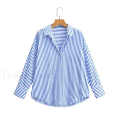 Autumn Blue White Striped Single Breasted Casual Blouse