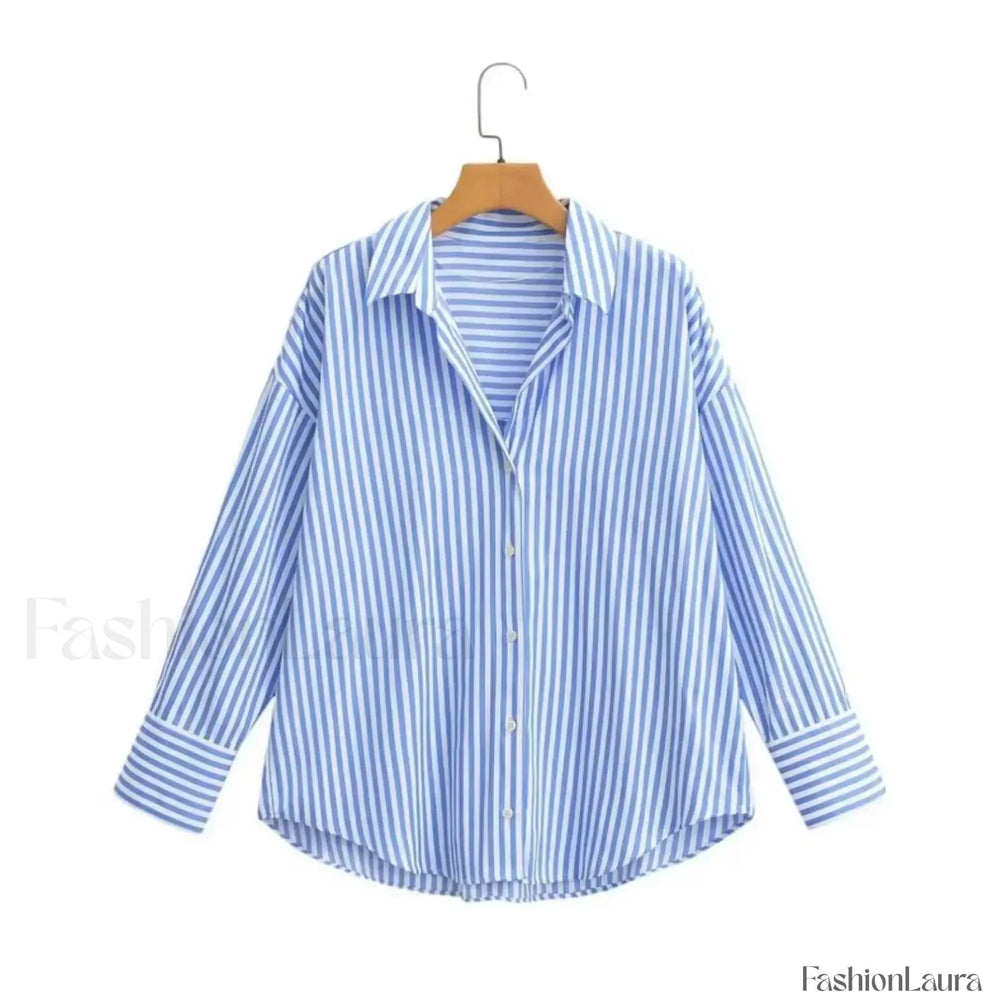 Autumn Blue White Striped Single Breasted Casual Blouse