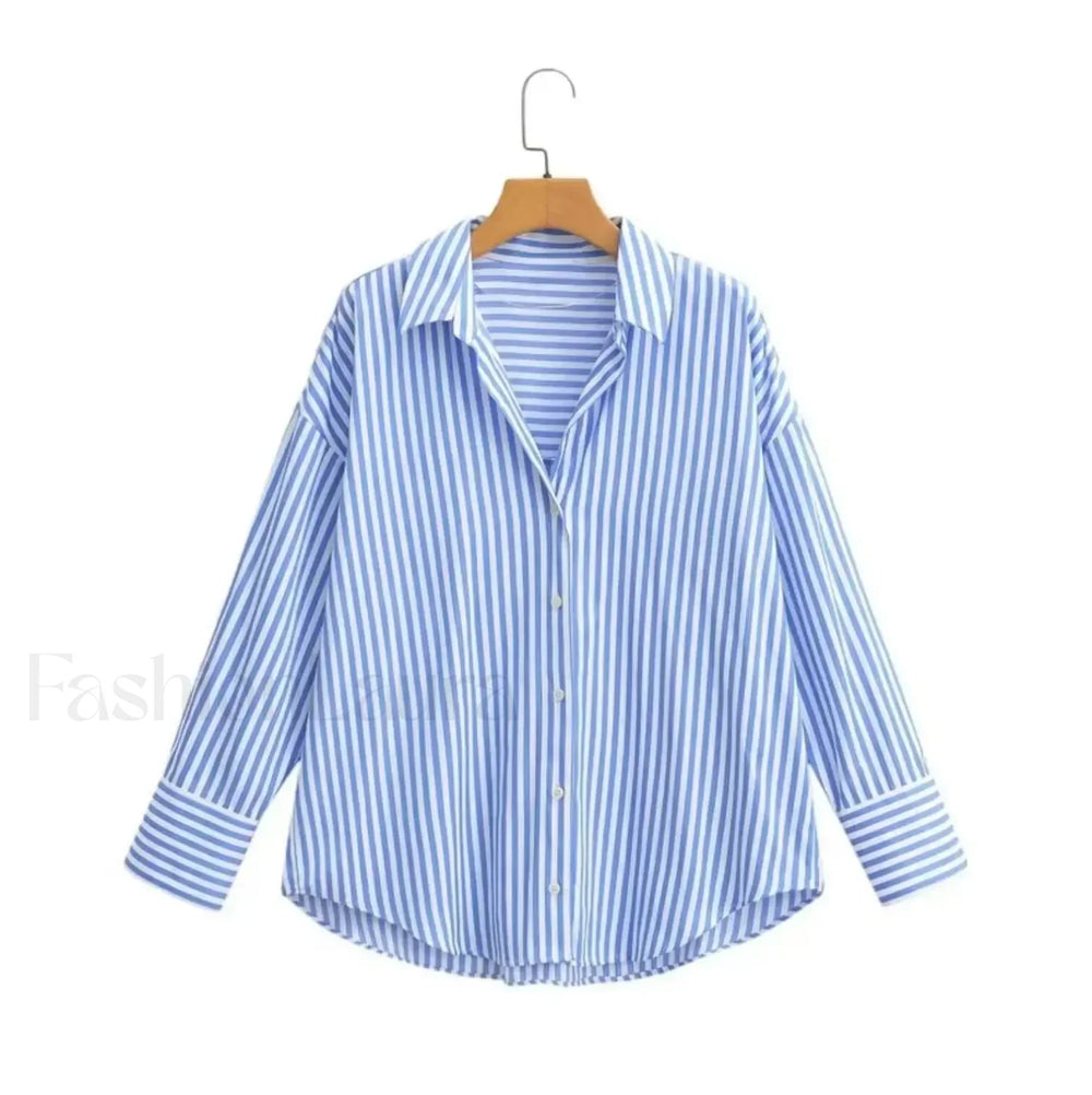Autumn Blue White Striped Single Breasted Casual Blouse Blue / XS