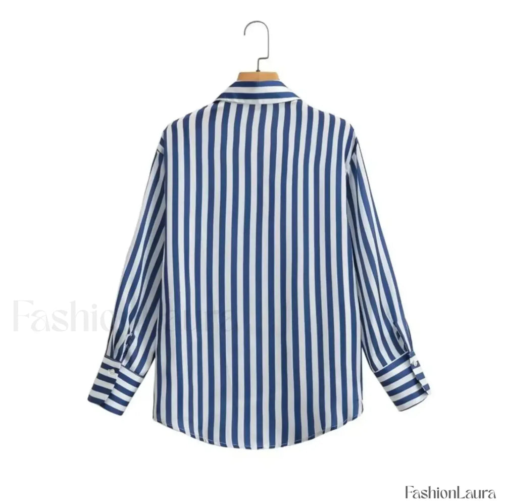 Autumn Lapel Blue White Striped Satin Single Breasted Loose Tops Blouse