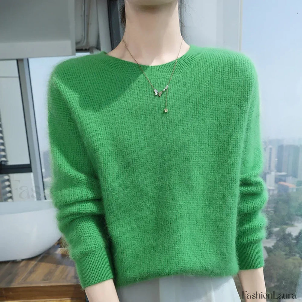 Autumn Winter New Women’s Mink Cashmere Crewneck Jumper Fashion Solid Color Warm Sweater GREEN / S Sweaters L