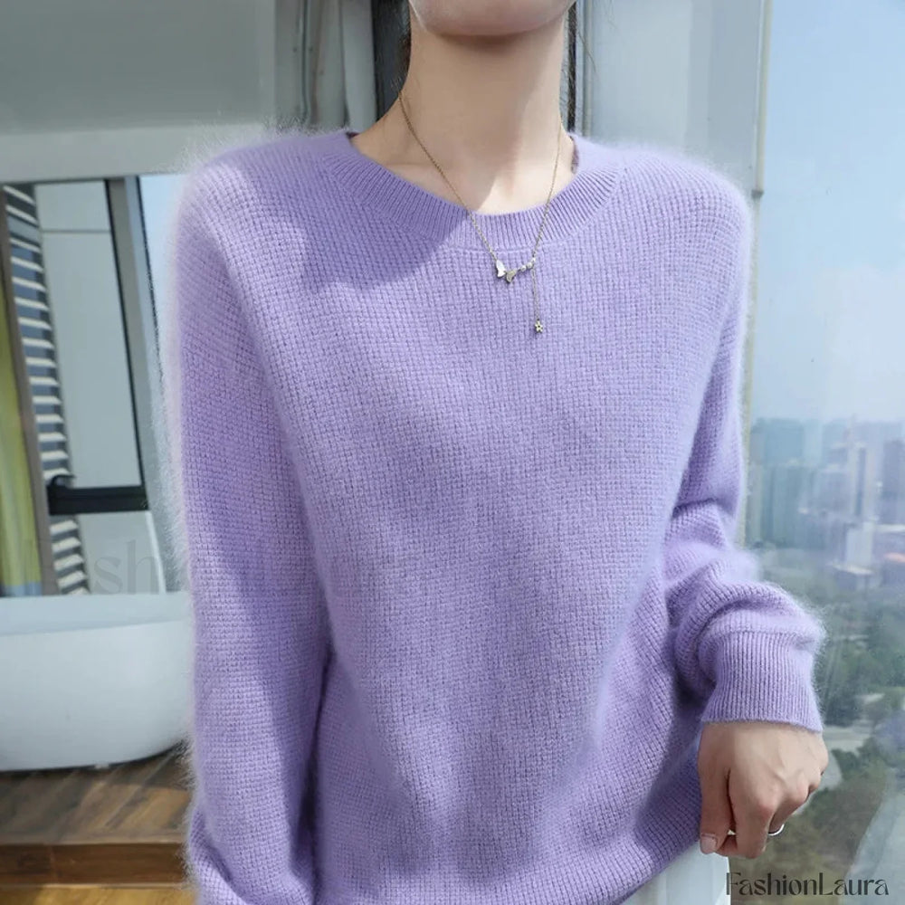Autumn Winter New Women’s Mink Cashmere Crewneck Jumper Fashion Solid Color Warm Sweater Sweaters L