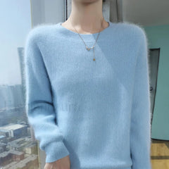 Autumn Winter New Women’s Mink Cashmere Crewneck Jumper Fashion Solid Color Warm Sweater Sweaters L