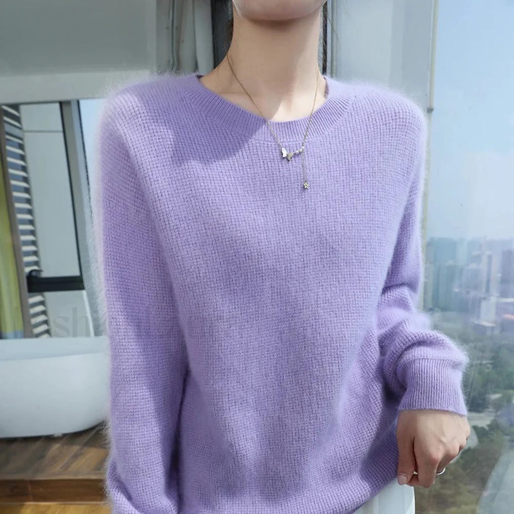 Autumn Winter New Women’s Mink Cashmere Crewneck Jumper Fashion Solid Color Warm Sweater Sweaters L