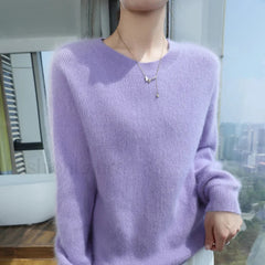 Autumn Winter New Women’s Mink Cashmere Crewneck Jumper Fashion Solid Color Warm Sweater Sweaters L