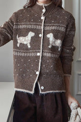 Vintage Stand Collar Puppy Print Jacquard Sweater