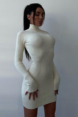 Semi-High Neck Slim Fitted Knit Sweater Dress S / White-Short