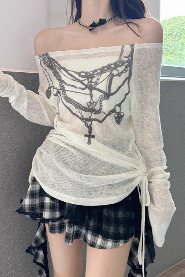 Y2K Off-Shoulder Mesh T-Shirt