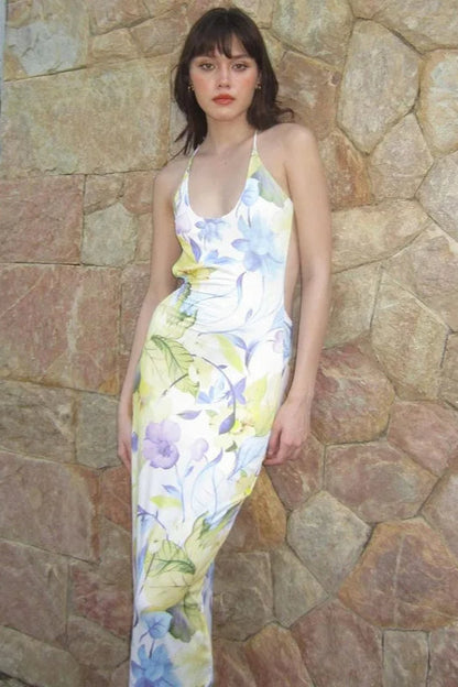 Floral Print Backless Sleeveless Elegant Maxi Dress