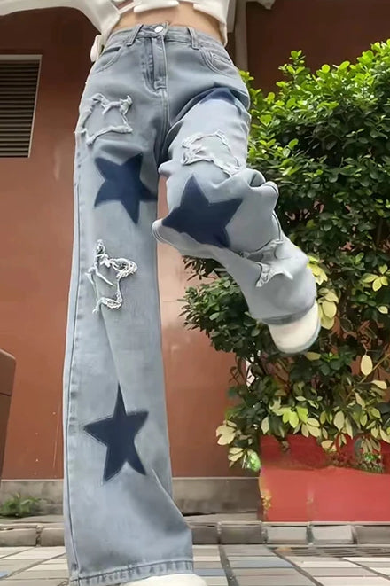 Vintage Star Print Wide Leg Jeans