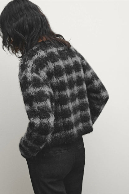 Casual Gray Plaid Knit Cardigan