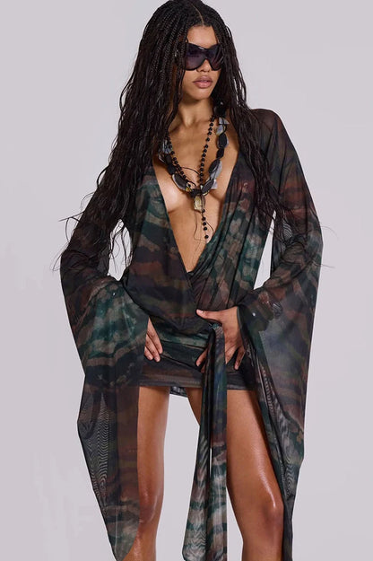 Tie-Dye Deep V Neck Backless Mini Dress