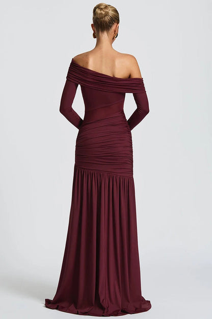 Off-Shoulder Long Sleeve Backless Thigh Split Maxi Dress
