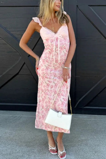 Printed Lace Halter Midi Dress