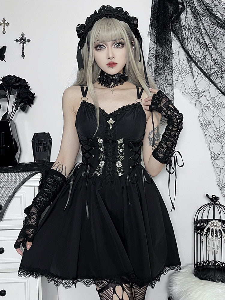 Gothic Waist Party V Neck Y2K Lace Trim Sexy Punk Lace Grunge Black Up High Gown