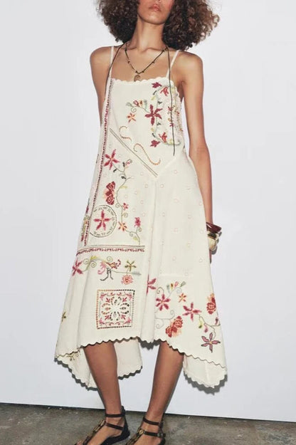 Floral Embroidered Asymmetric Boho Dress