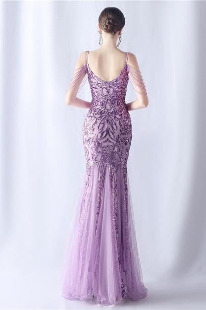 Beaded Mesh Cocktail Maxi Dress