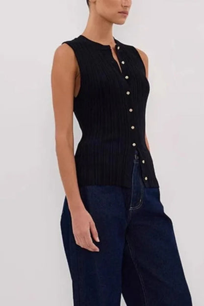 Solid Ribbed Sleeveless Cardigan Black / S