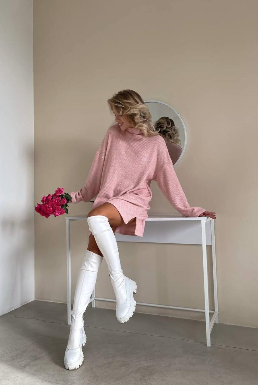 Solid Knit Pullover Sweater Dress S / Pink