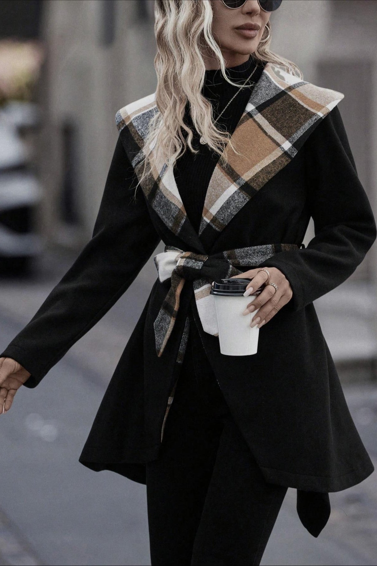 Plaid Patchwork Belted Wool Coat coats