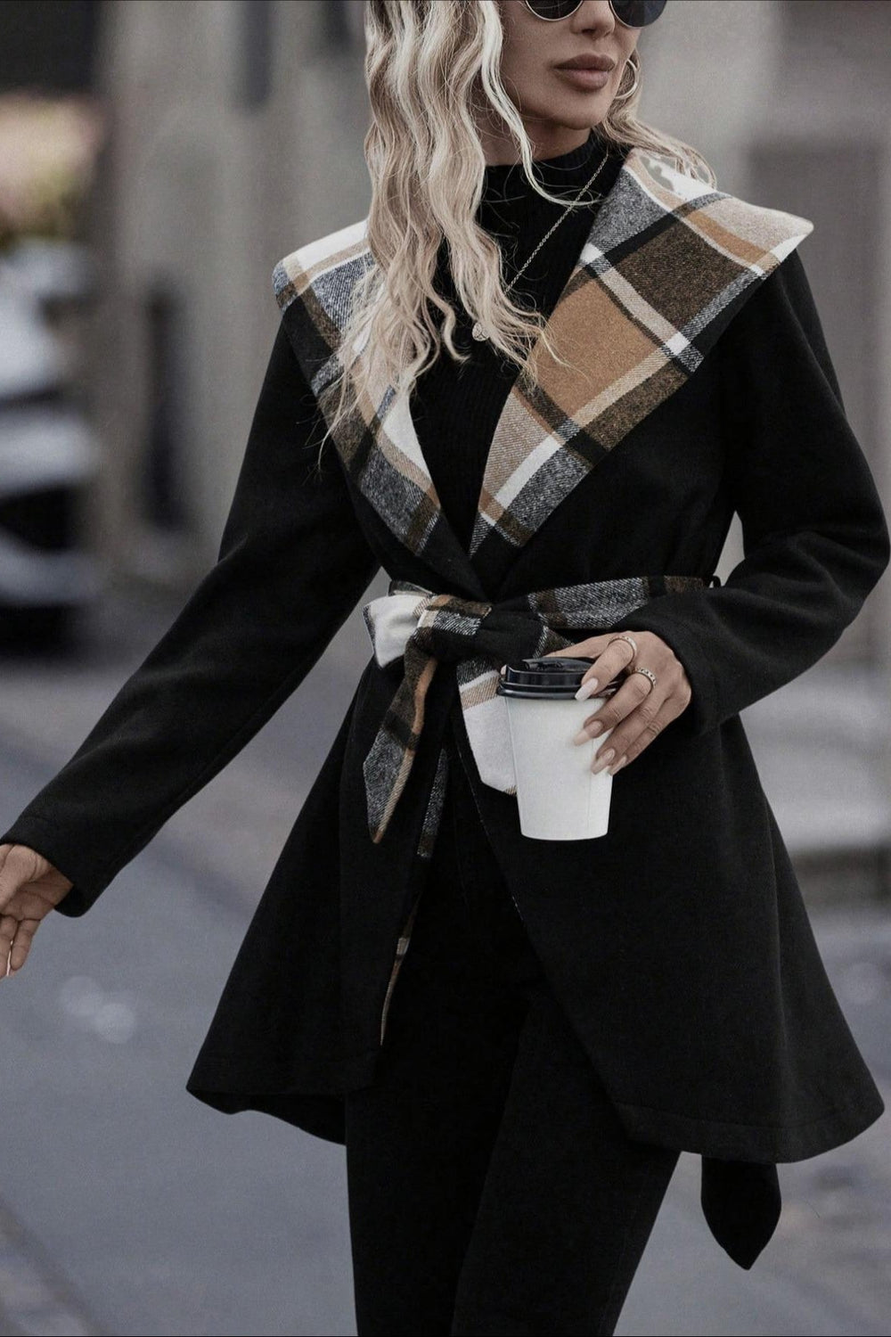 Plaid Patchwork Belted Wool Coat coats