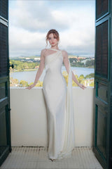 Elegant Satin Slant Neck Sheath Formal Dress