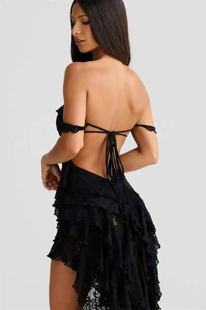 Lace Ruffle Off Shoulder Midi Dress