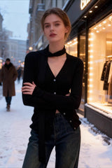 Chic Snood Neck Ribbed Knit Top