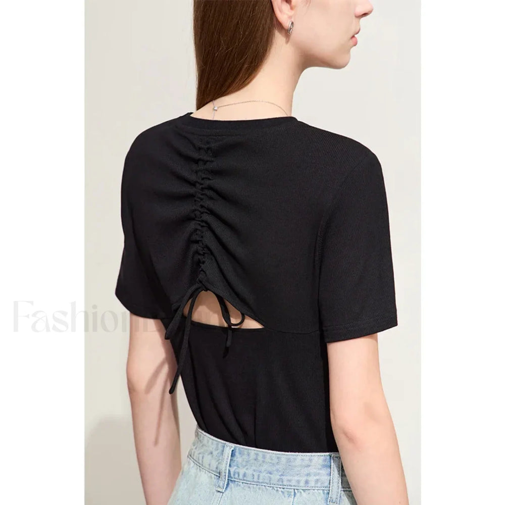 Back Drawstring Hollow T Shirt Black / S