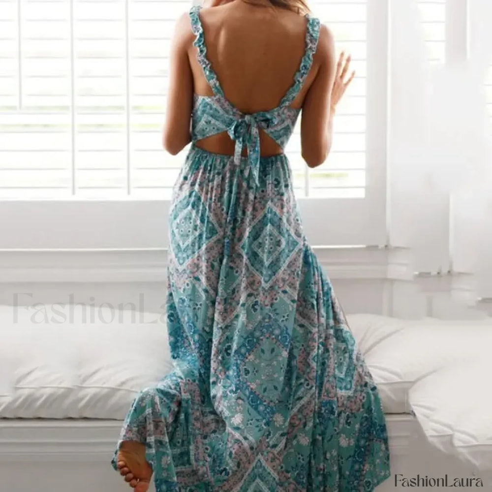 Backless Floral V Neck Boho Dress