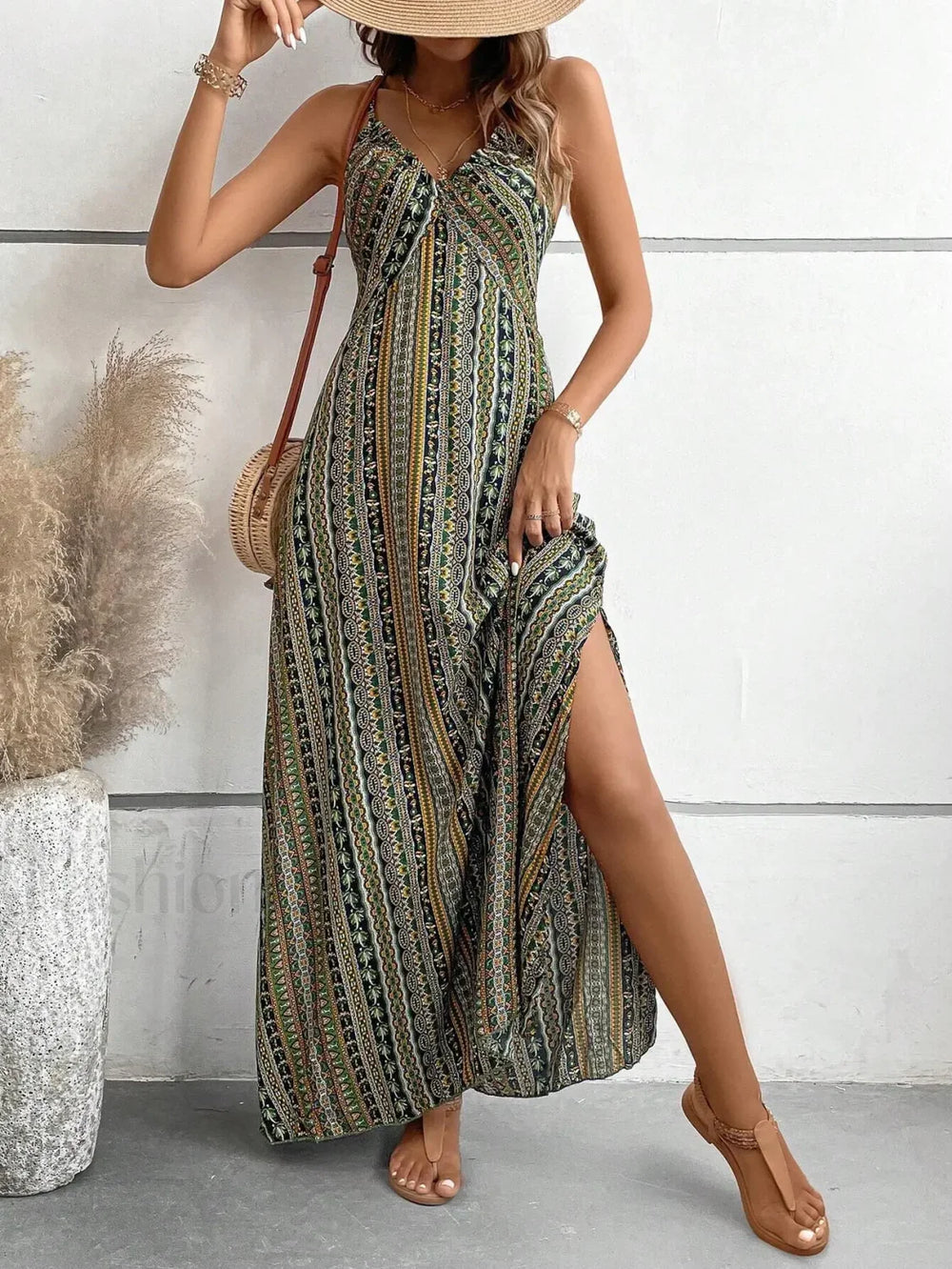 Backless Green Maxi Boho Dress