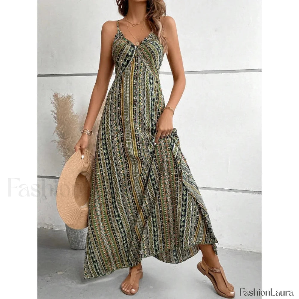 Backless Green Maxi Boho Dress Green / S