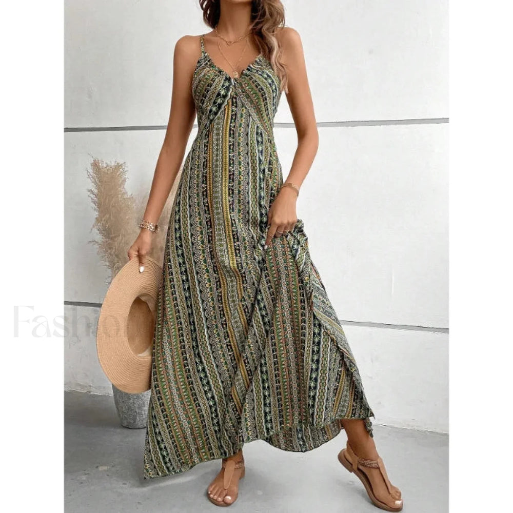 Backless Green Maxi Boho Dress Green / S