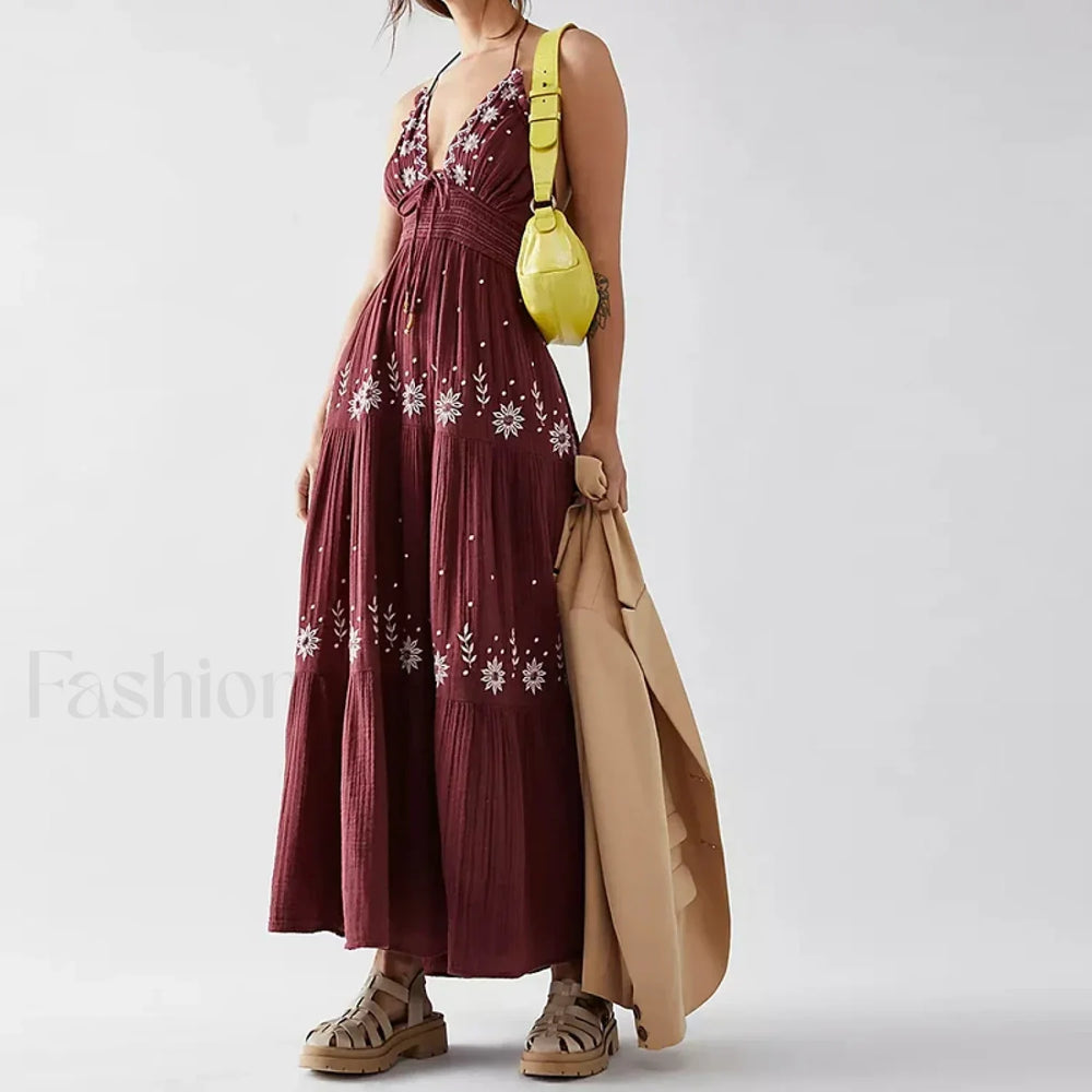 Backless Halter Embroidery Boho Dress