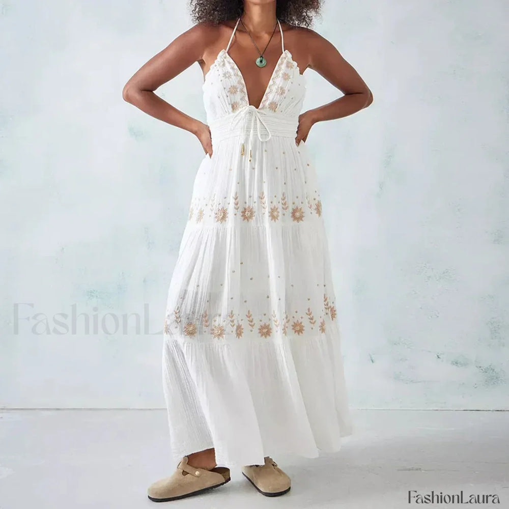 Backless Halter Embroidery Boho Dress color 2 / S