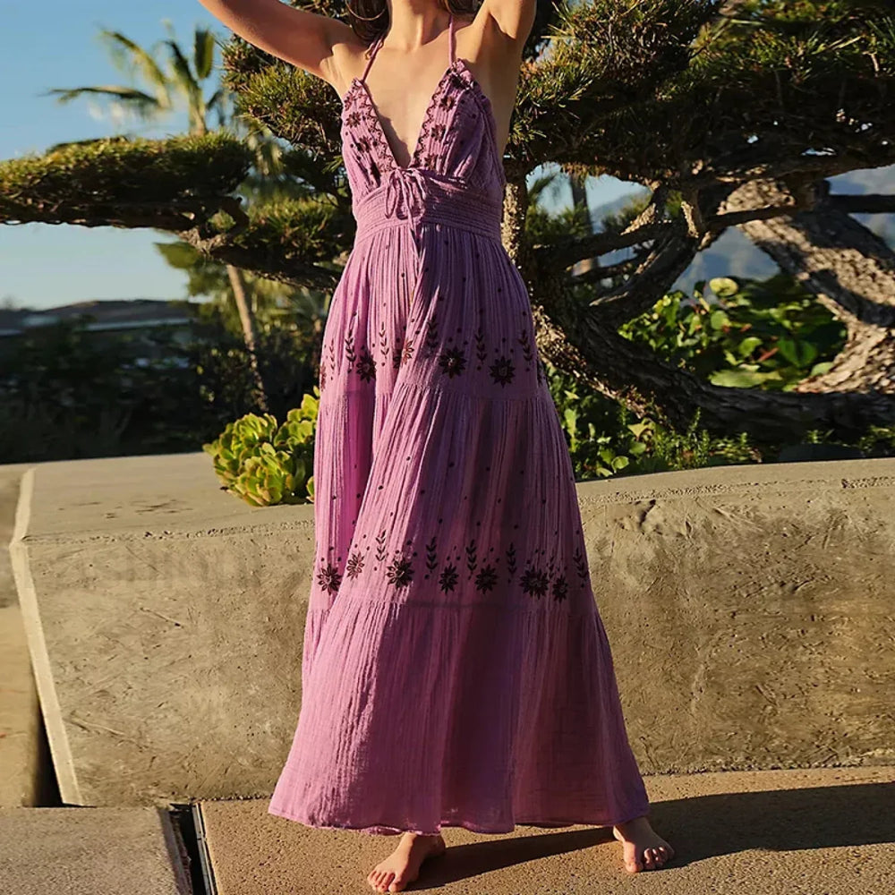 Backless Halter Embroidery Boho Dress color 6 / S
