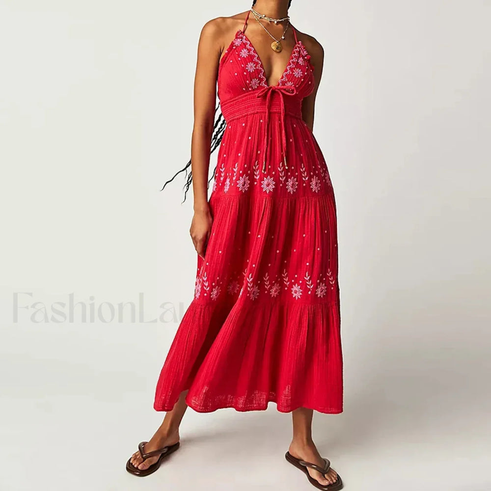 Backless Halter Embroidery Boho Dress color 8 / S