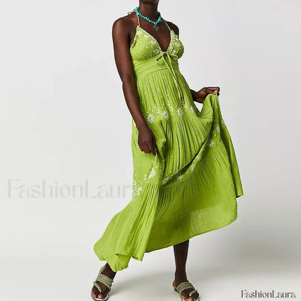 Backless Halter Embroidery Boho Dress color 9 / S