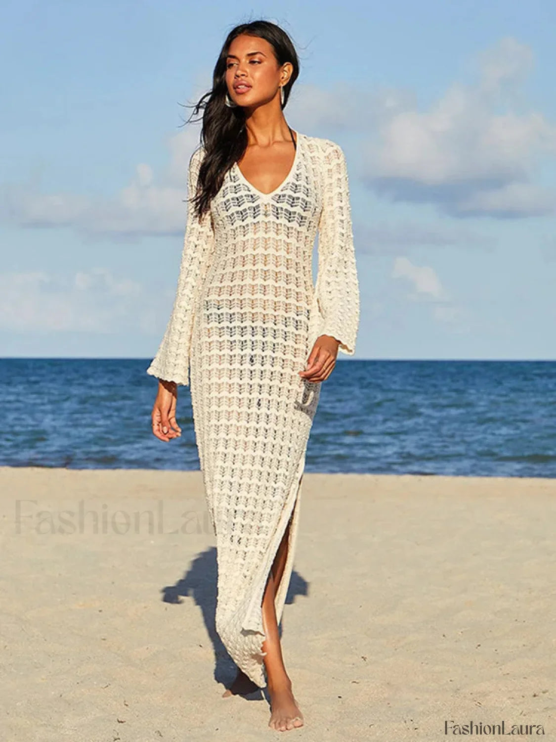 Backless Hollow Out Slit Cut Cover Up Beige / One Size