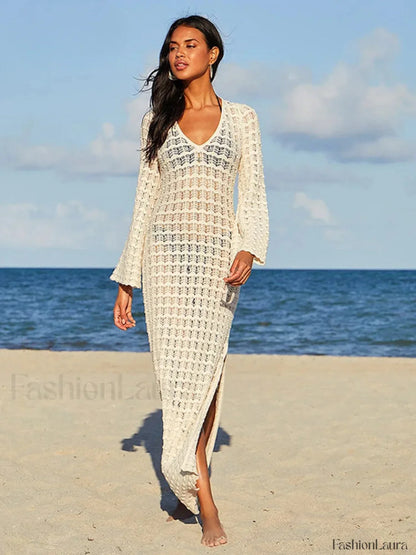 Backless Hollow Out Slit Cut Cover Up Beige / One Size