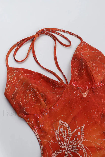 Backless Neck Print Diamond Hip Skirt Spice Girl Floral Dress