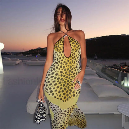 Backless Neck Print Sexy Slim Fit Maxi Dress